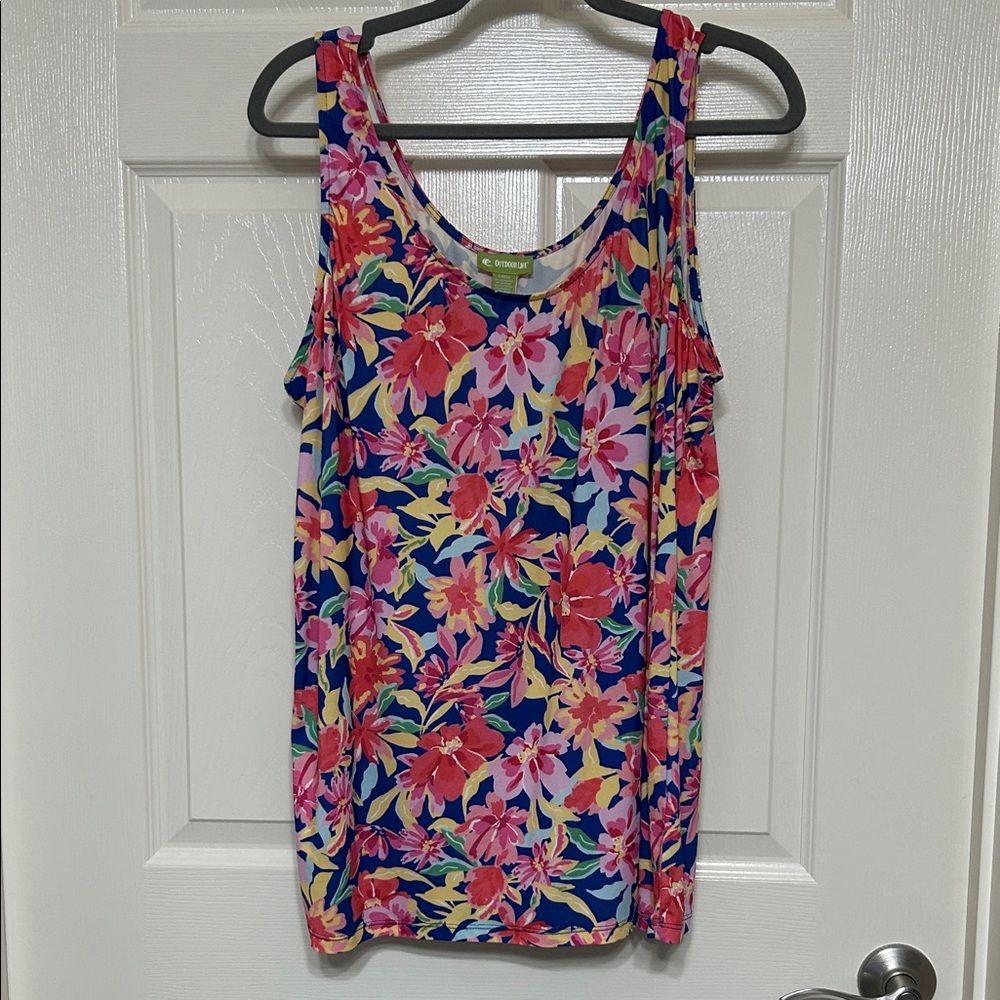 Outdoor Life Floral Tank Top - Pink Coral Blue Green Gold Tropical Stretchy L